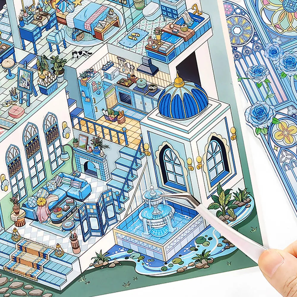 Stickers Scène 3D – Dôme Bleu de Santorin & Palais du Désert