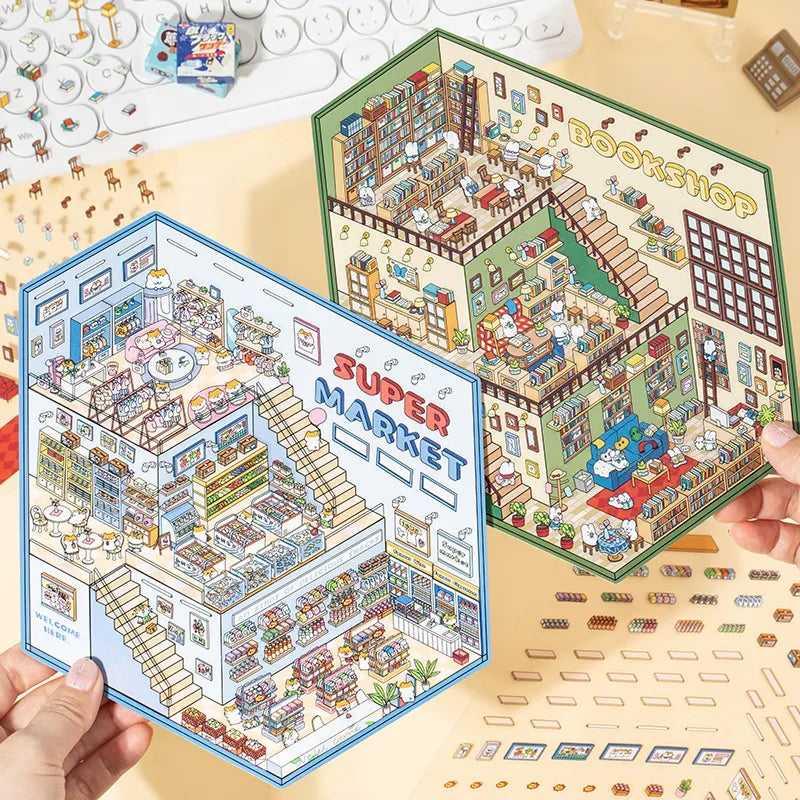 Autocollants miniatures 3D – Supermarché et librairie – Monde en coupe à faire soi-même