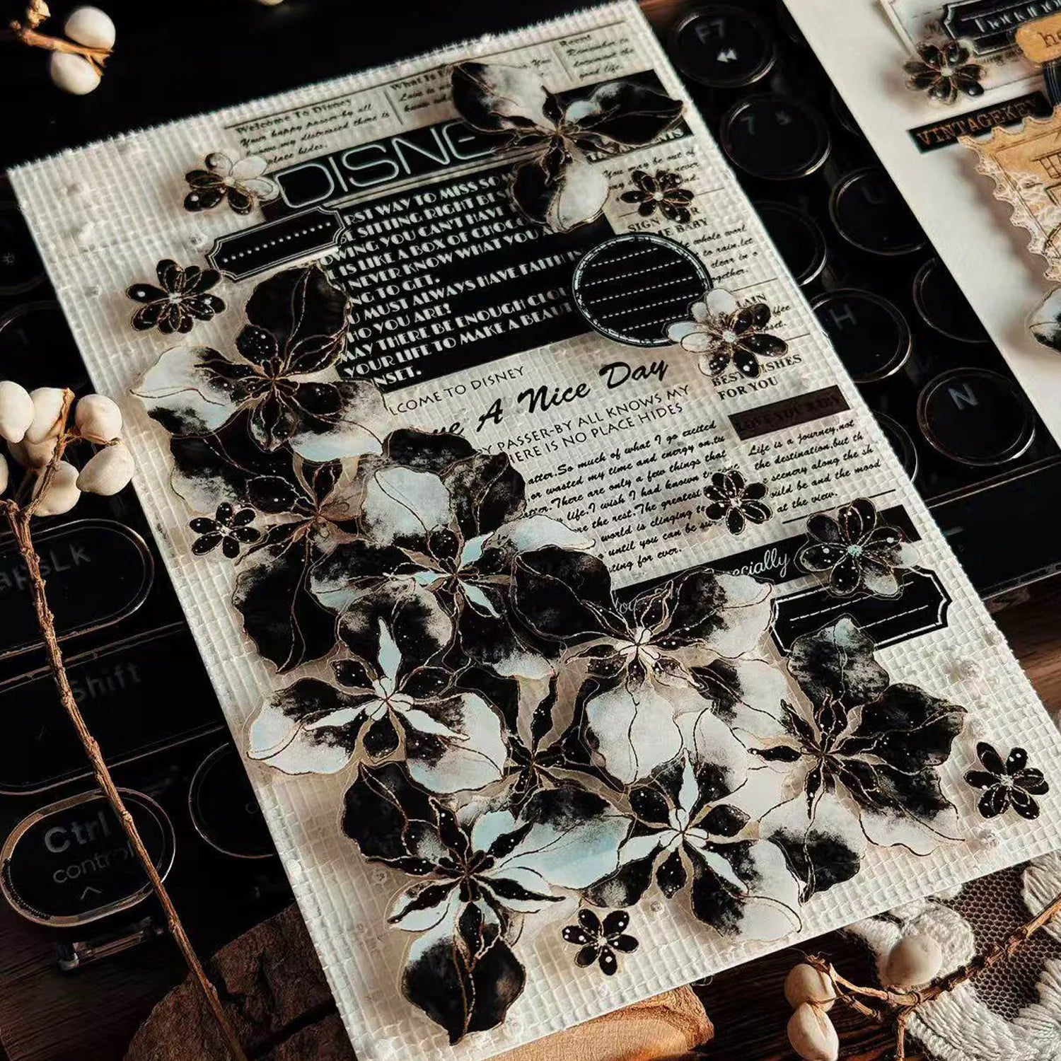 Black & White Floral Gold Foil PET Washi Tape | Elegant Decorative Tape