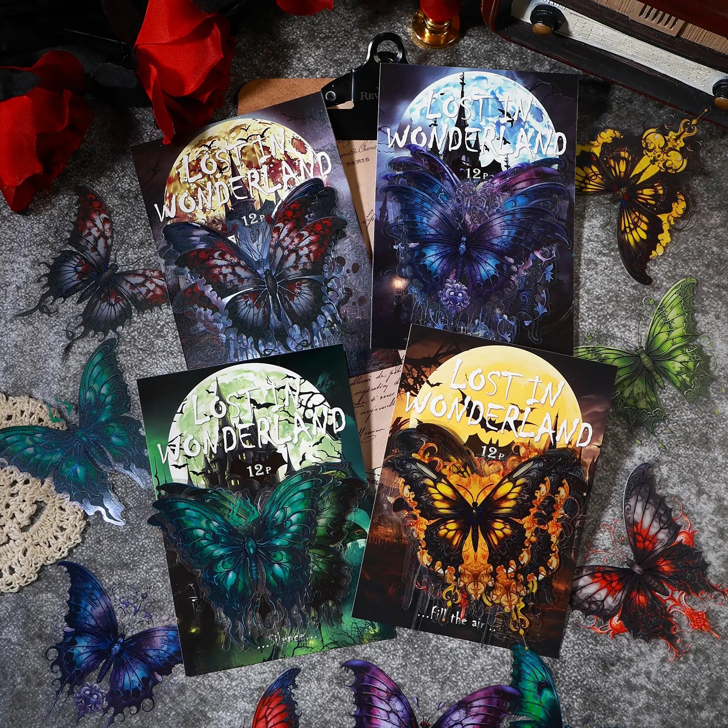 Dark Gothic Vintage Butterfly PET Sticker – 4 Styles Stickers for Journaling