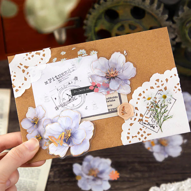 Gold Foil Floral Die-Cut PET Stickers | Large Flower Journaling Ephemera