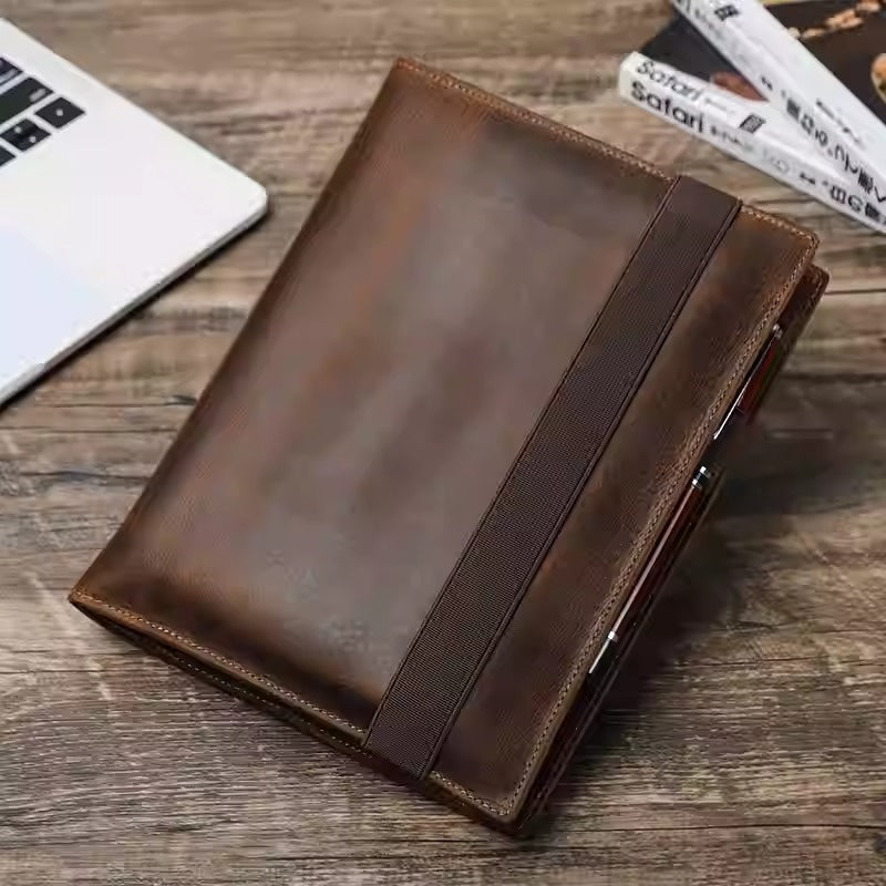 Handmade A5 Leather Notebook Cover with iPad Mini Storage