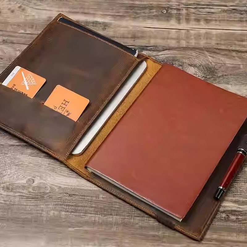 Handmade A5 Leather Notebook Cover with iPad Mini Storage
