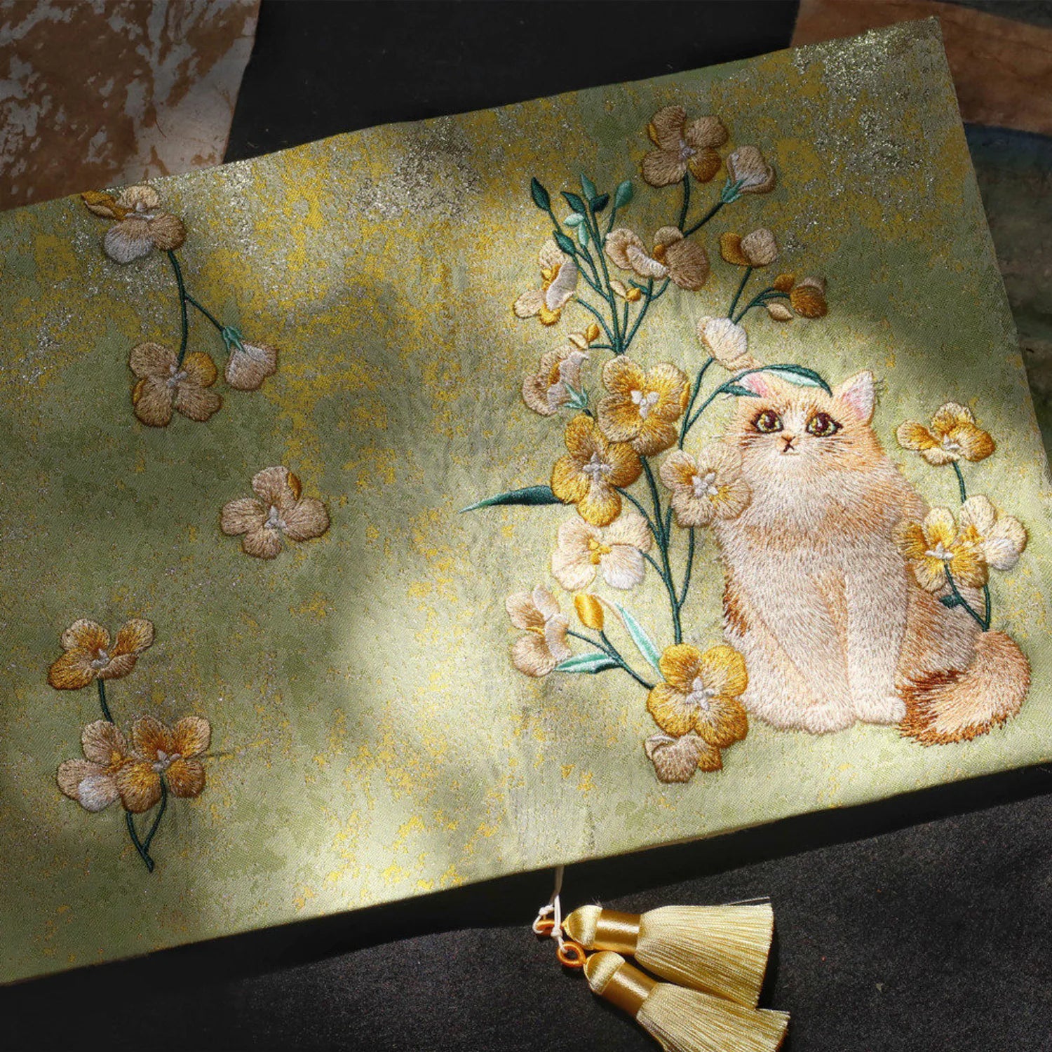 Handmade Embroidered Cat Fabric Journal Notebook – Refillable Binder