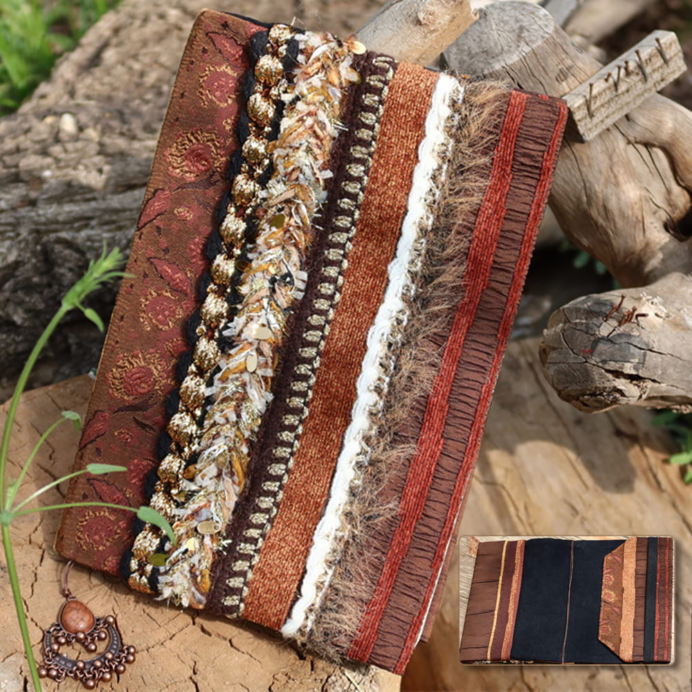Funda artesanal vintage de tela étnica para cuaderno