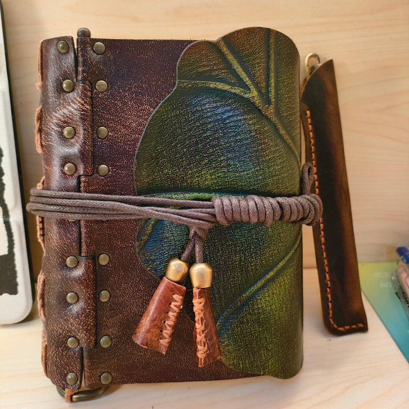 Lotus Leaf Bound Leather Journal – Handmade Leather Notebook, Christmas & New Year Gift, Holiday Gift