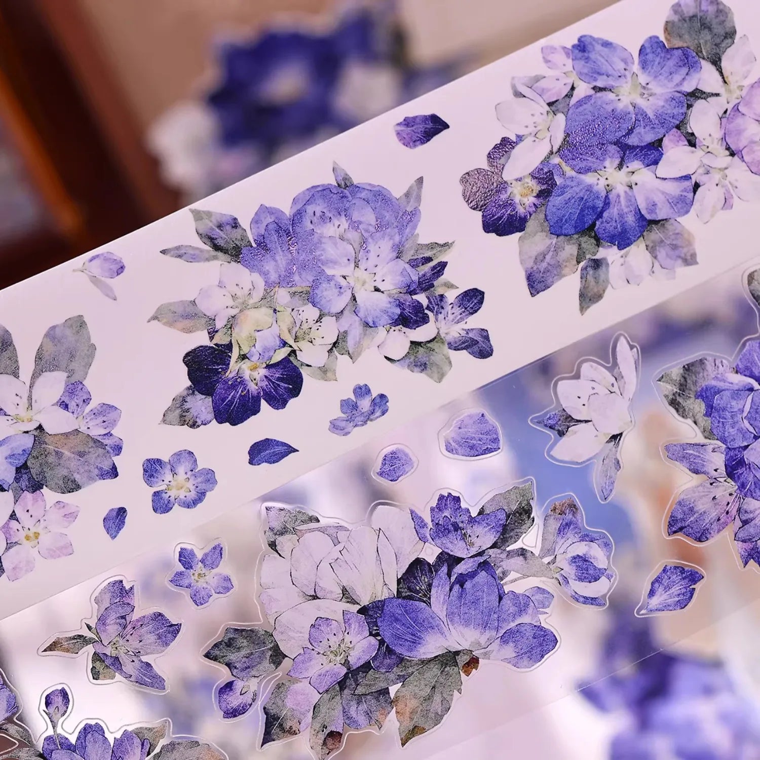 Vintage Blue Purple Floral Die-Cut Washi Tape / PET Tape