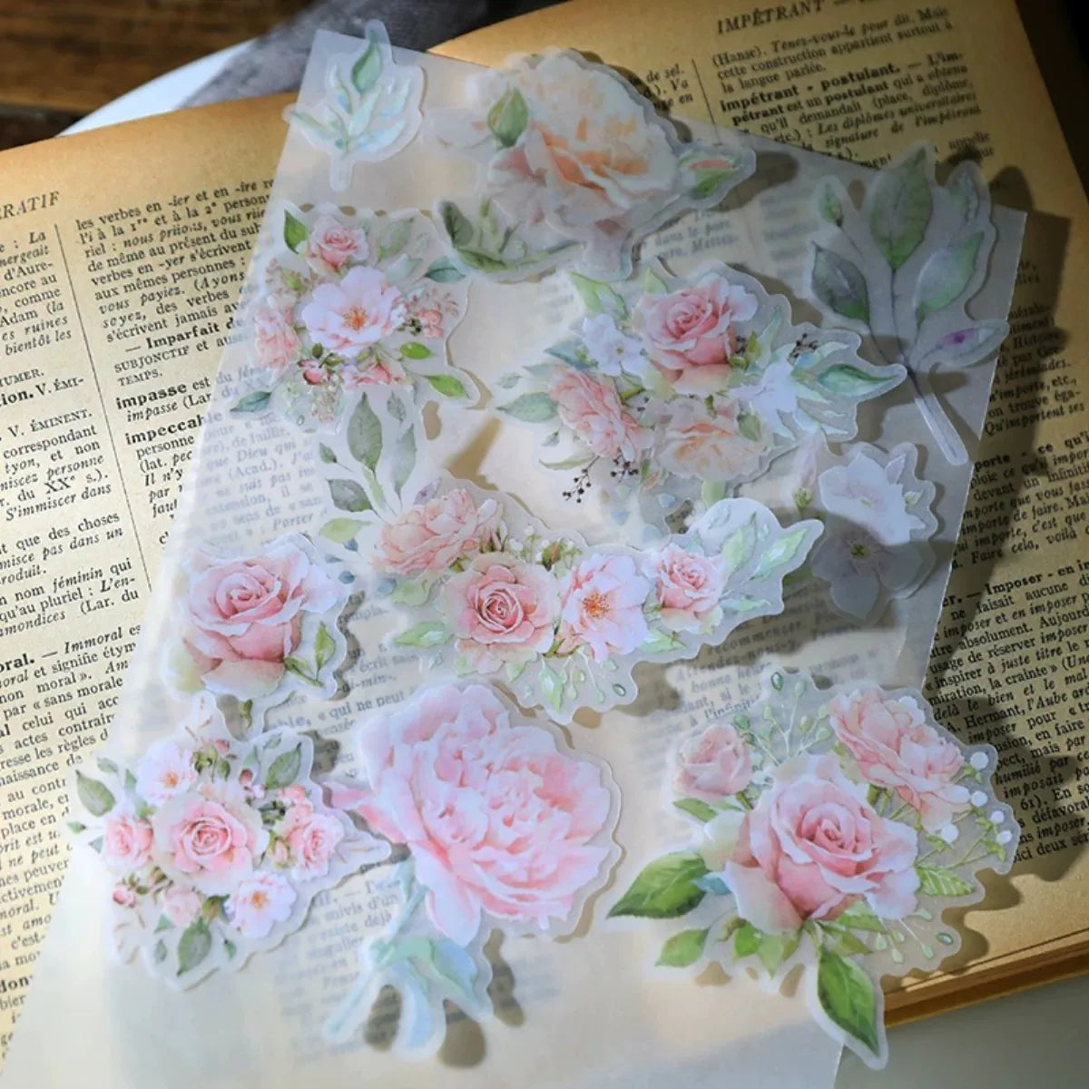 Vintage Pink Rose Vellum Stickers for Journaling