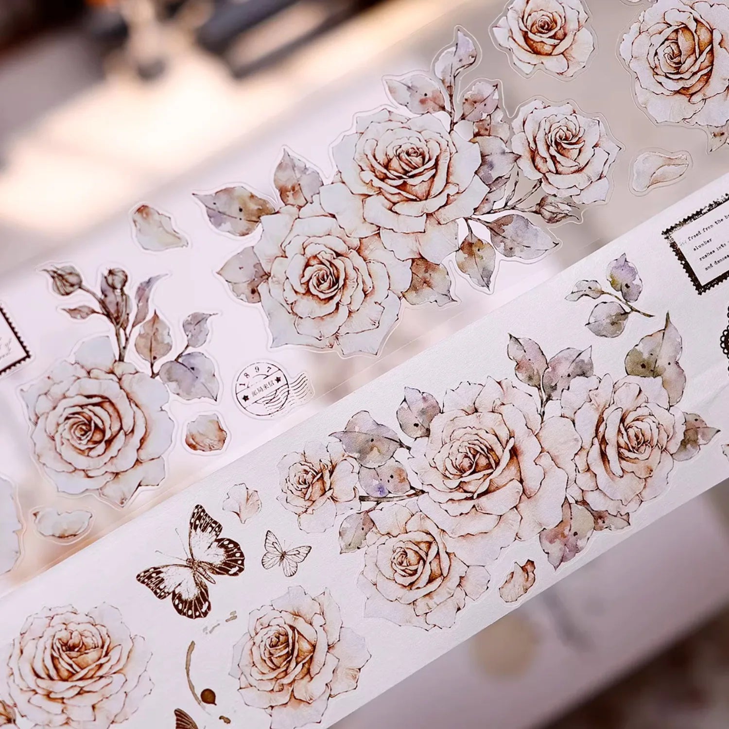 Vintage Rose Washi & PET Tape | Floral Journaling Ephemera