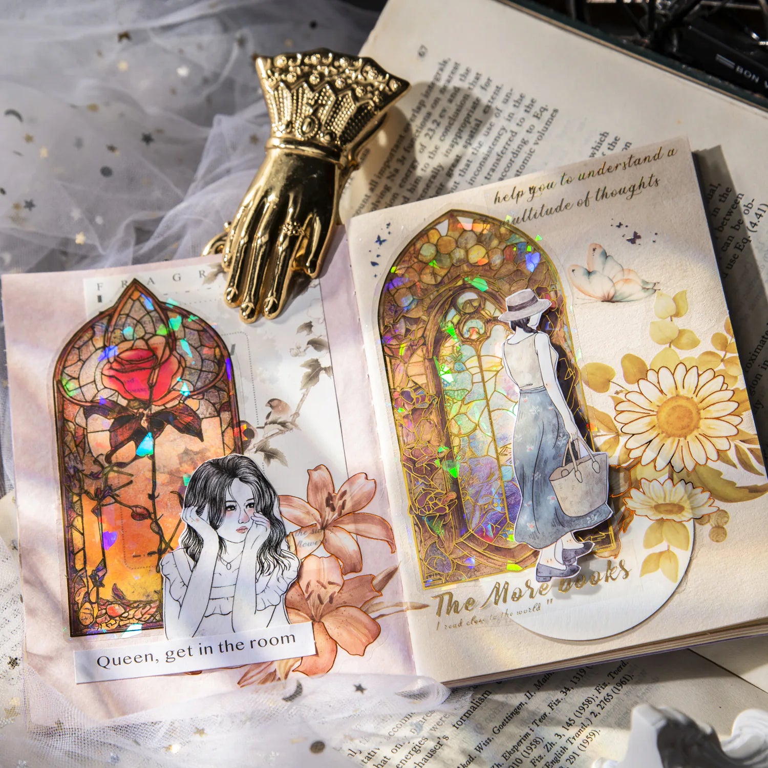 Vintage Stained Glass Window PET Stickers | Fantasy Gold Foil Die-Cut Stickers