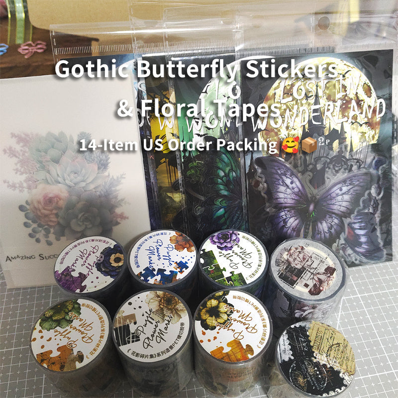 14‑Item US Order: Gothic Butterfly Stickers & Floral Tapes