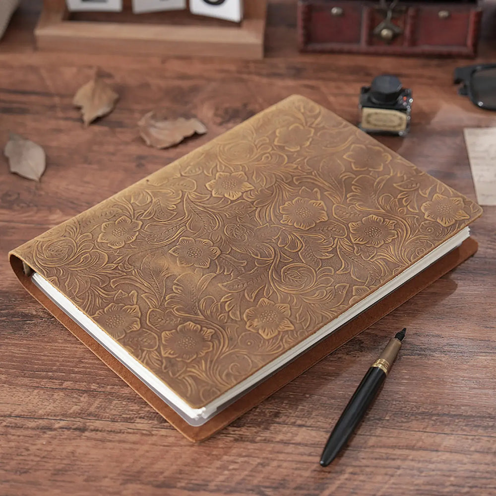 Handcrafted Embossed Crazy Horse Leather Ring Binder – Vintage Refillable Leather Organizer