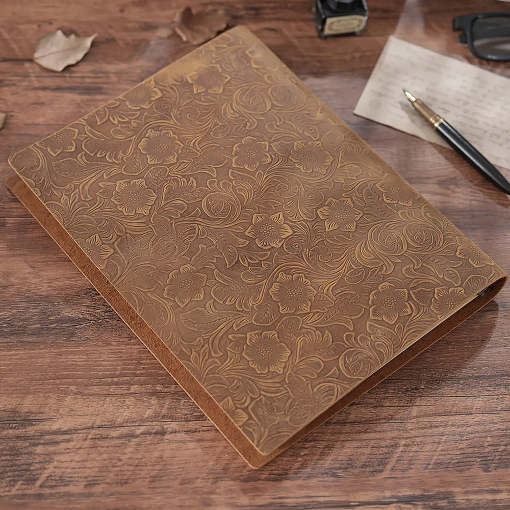 Handcrafted Embossed Crazy Horse Leather Ring Binder – Vintage Refillable Leather Organizer