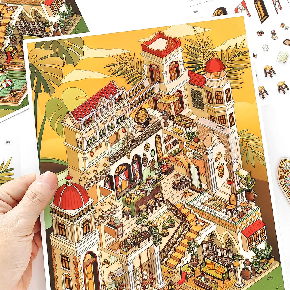 Stickers Scène 3D – Dôme Bleu de Santorin & Palais du Désert