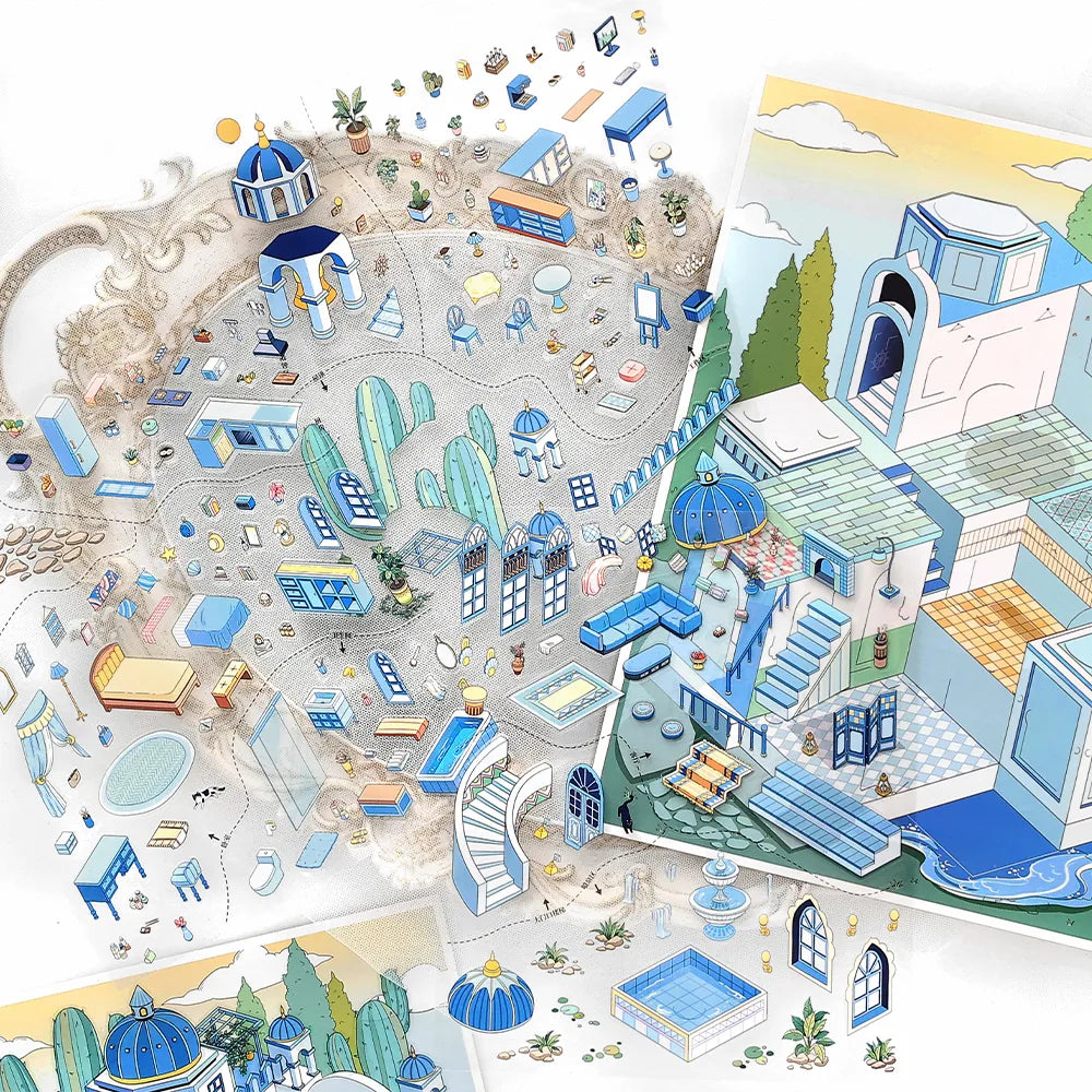 Stickers Scène 3D – Dôme Bleu de Santorin & Palais du Désert