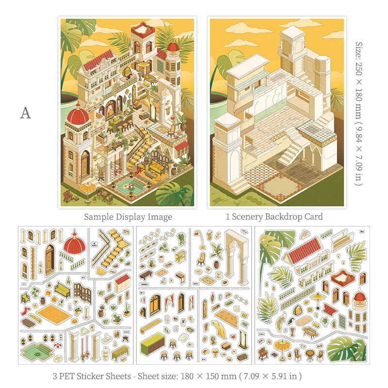 Stickers Scène 3D – Dôme Bleu de Santorin & Palais du Désert