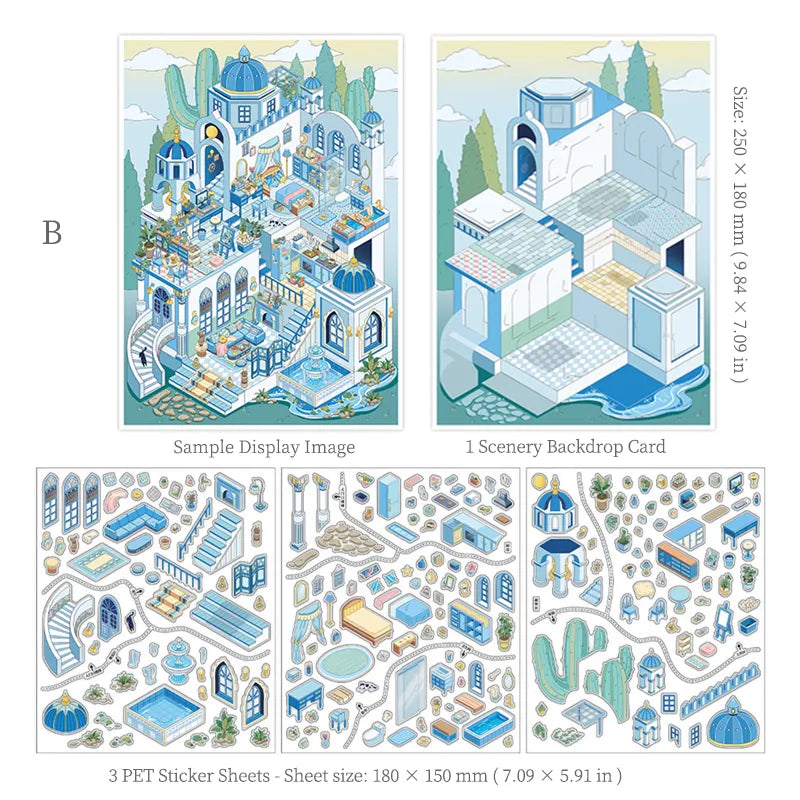 Stickers Scène 3D – Dôme Bleu de Santorin & Palais du Désert