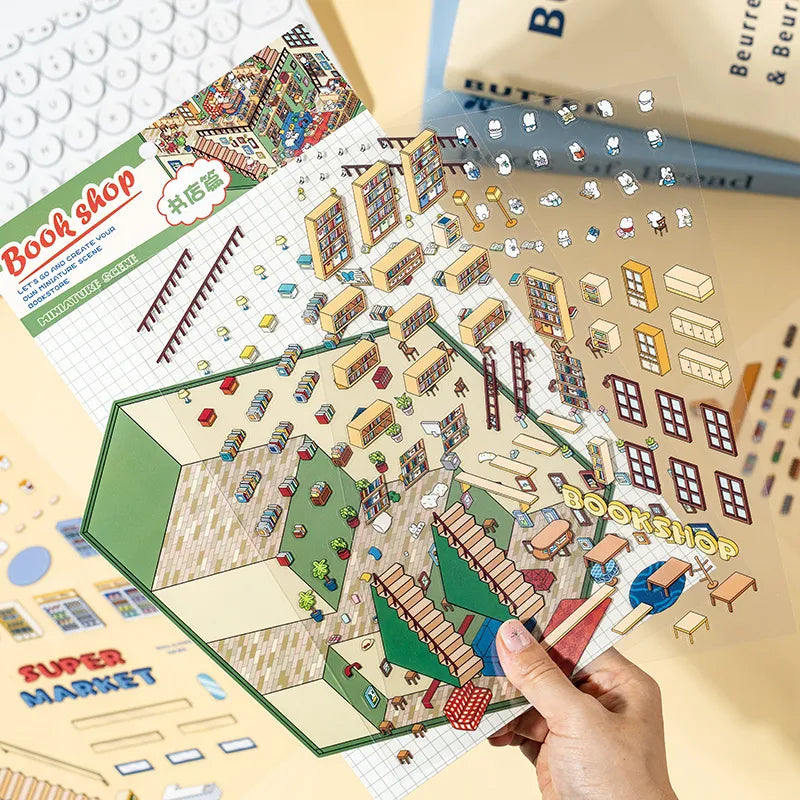 Autocollants miniatures 3D – Supermarché et librairie – Monde en coupe à faire soi-même