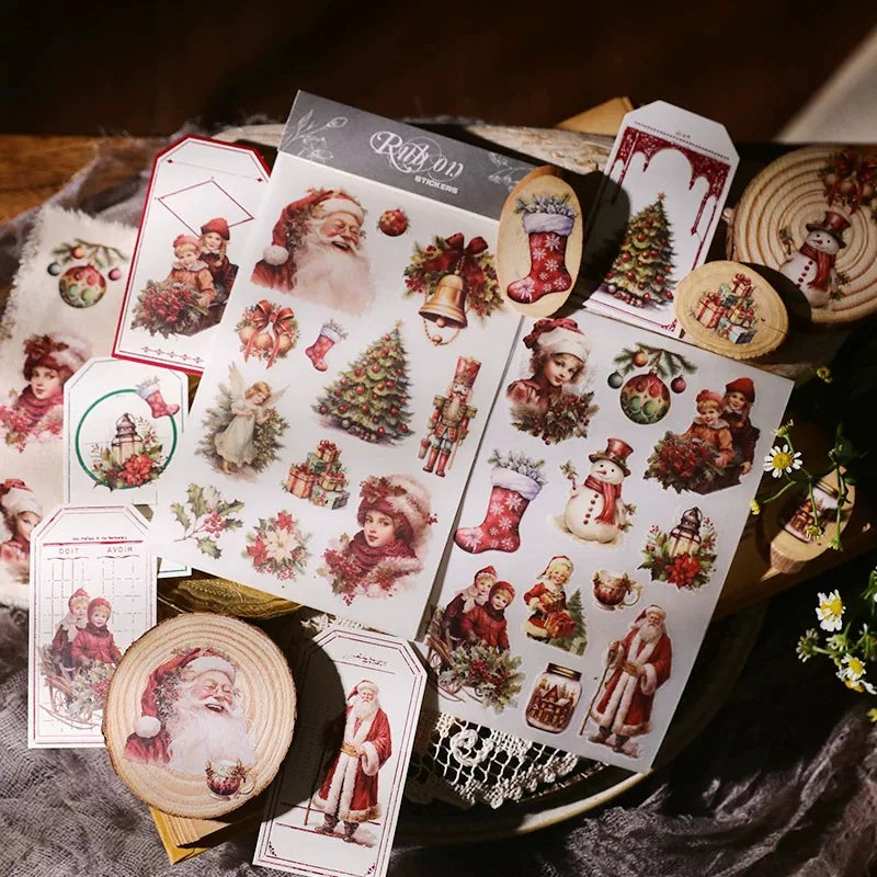 Autocollants à frotter de Noël rétro | Motifs de Père Noël et bonhomme de neige pour les fêtes