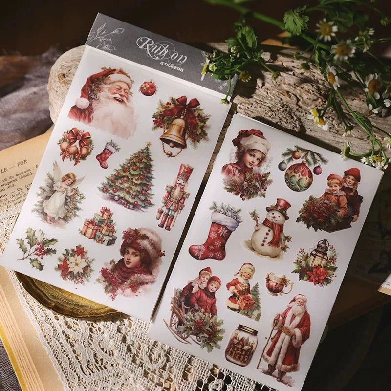 Autocollants à frotter de Noël rétro | Motifs de Père Noël et bonhomme de neige pour les fêtes