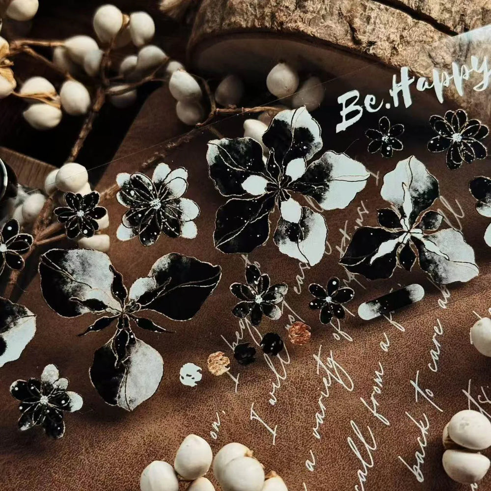 Black & White Floral Gold Foil PET Washi Tape | Elegant Decorative Tape