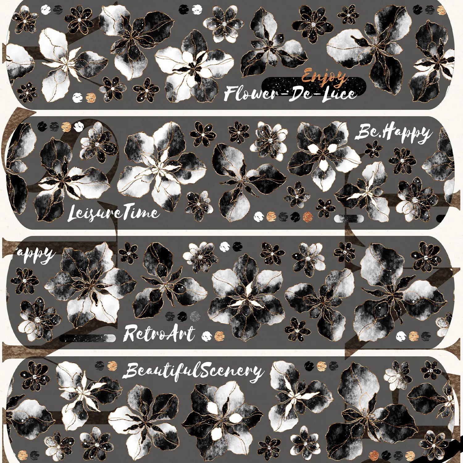 Black & White Floral Gold Foil PET Washi Tape | Elegant Decorative Tape