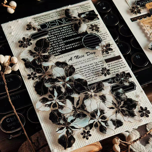 Black & White Floral Gold Foil PET Washi Tape | Elegant Decorative Tape