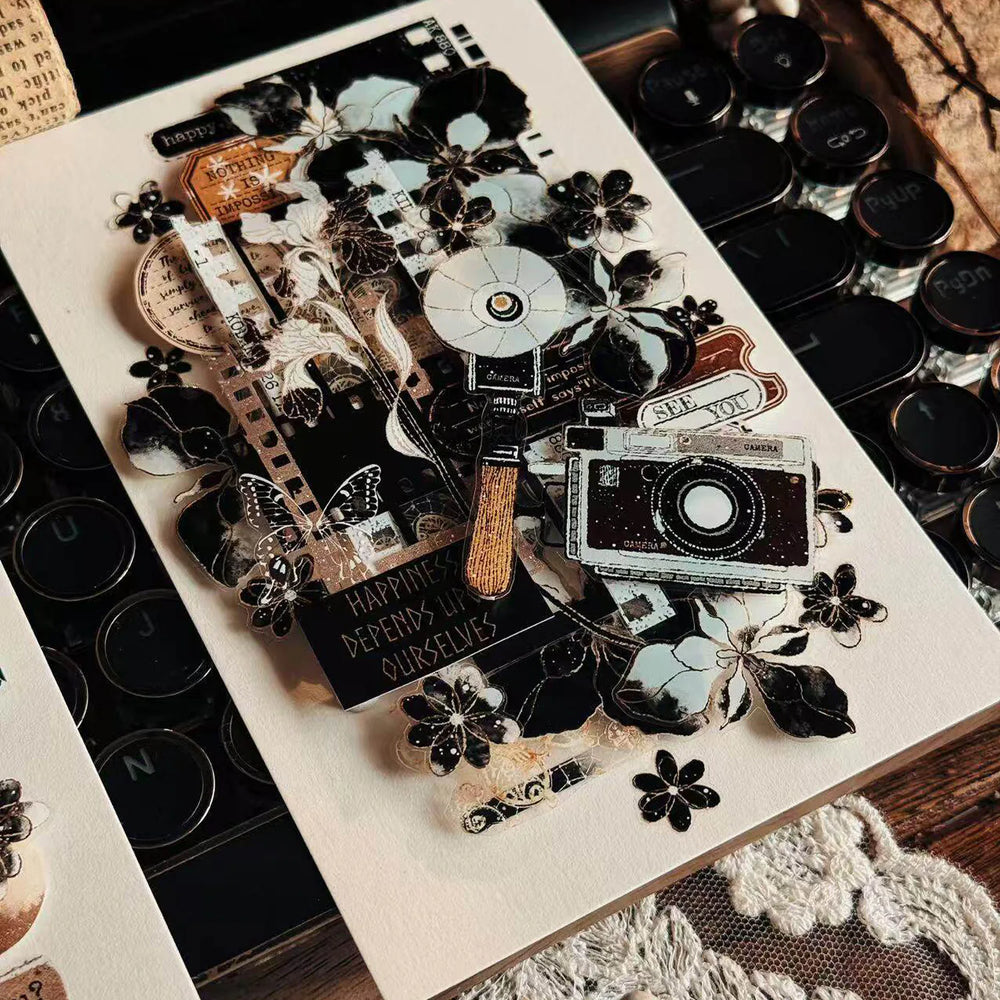 Black & White Floral Gold Foil PET Washi Tape | Elegant Decorative Tape