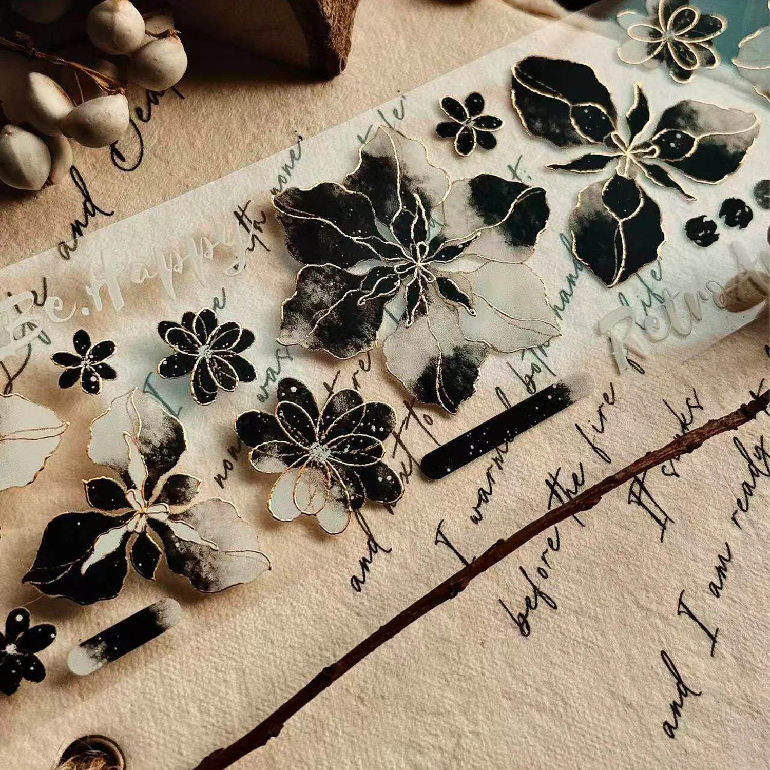 Black & White Floral Gold Foil PET Washi Tape | Elegant Decorative Tape