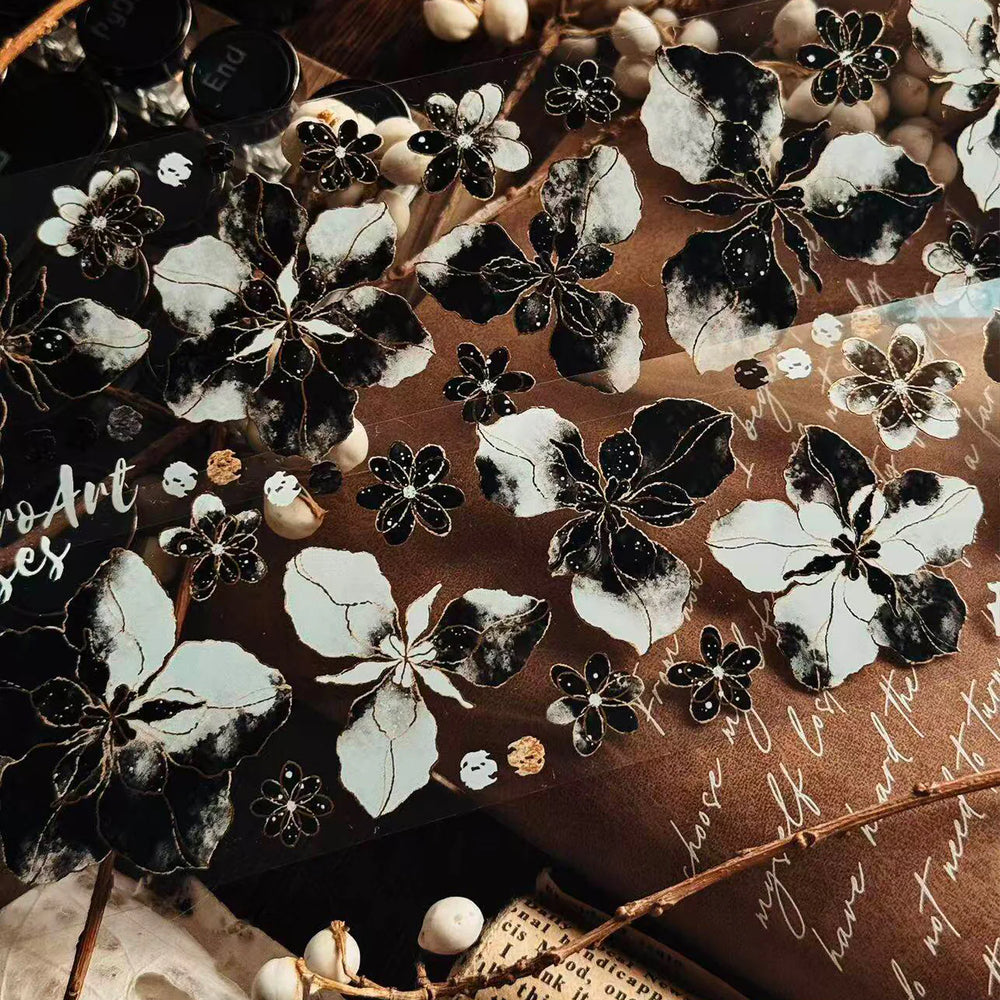 Black & White Floral Gold Foil PET Washi Tape | Elegant Decorative Tape
