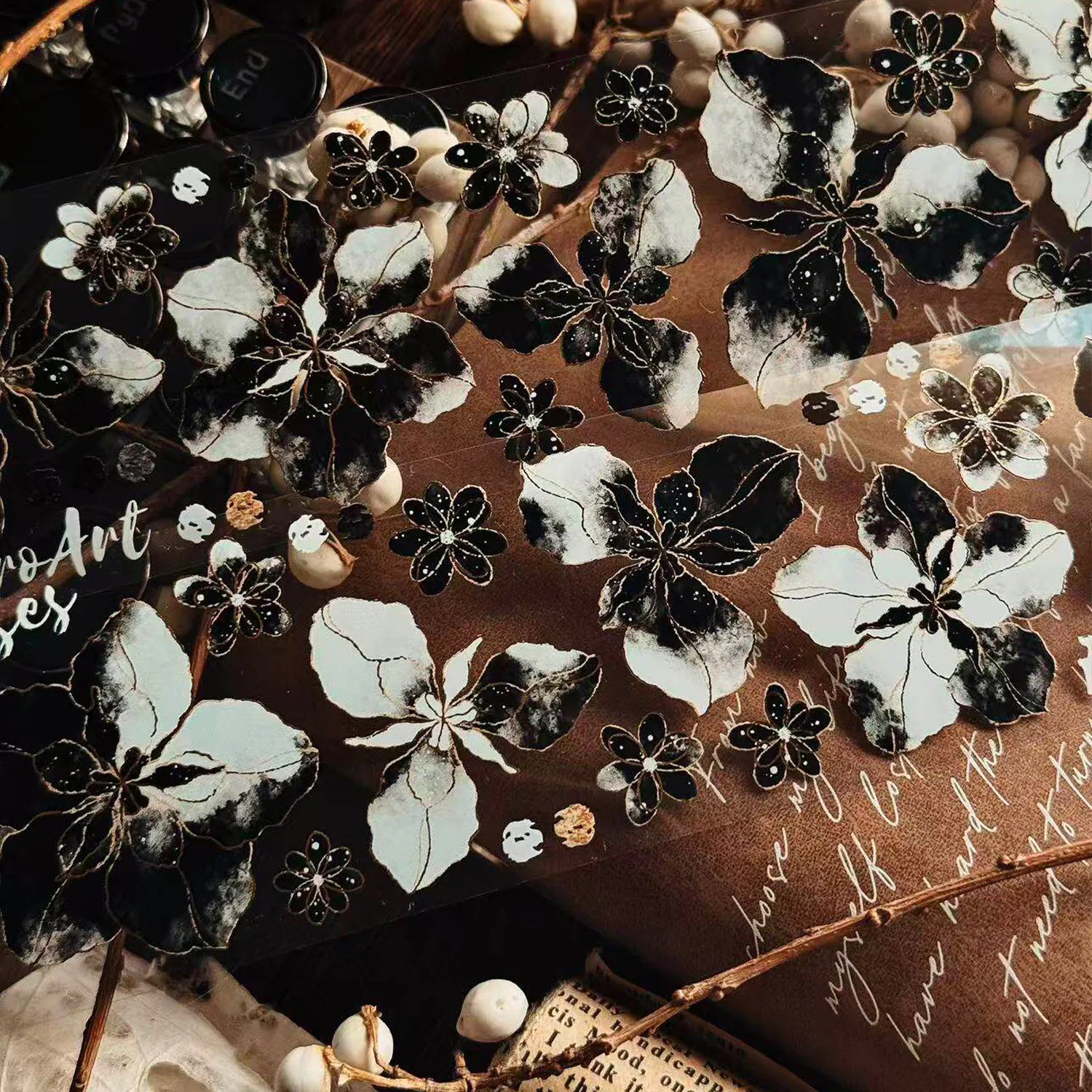 Black & White Floral Gold Foil PET Washi Tape | Elegant Decorative Tape