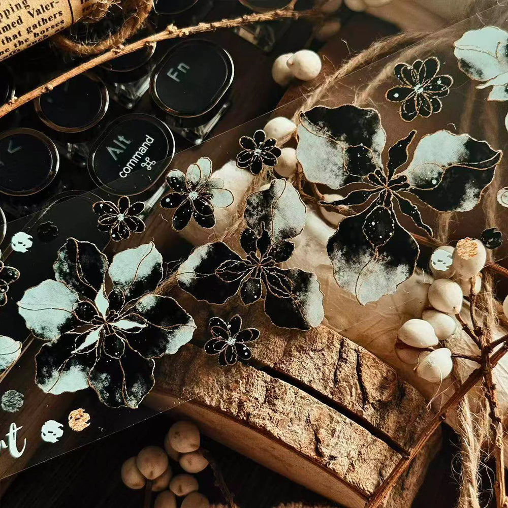 Black & White Floral Gold Foil PET Washi Tape | Elegant Decorative Tape
