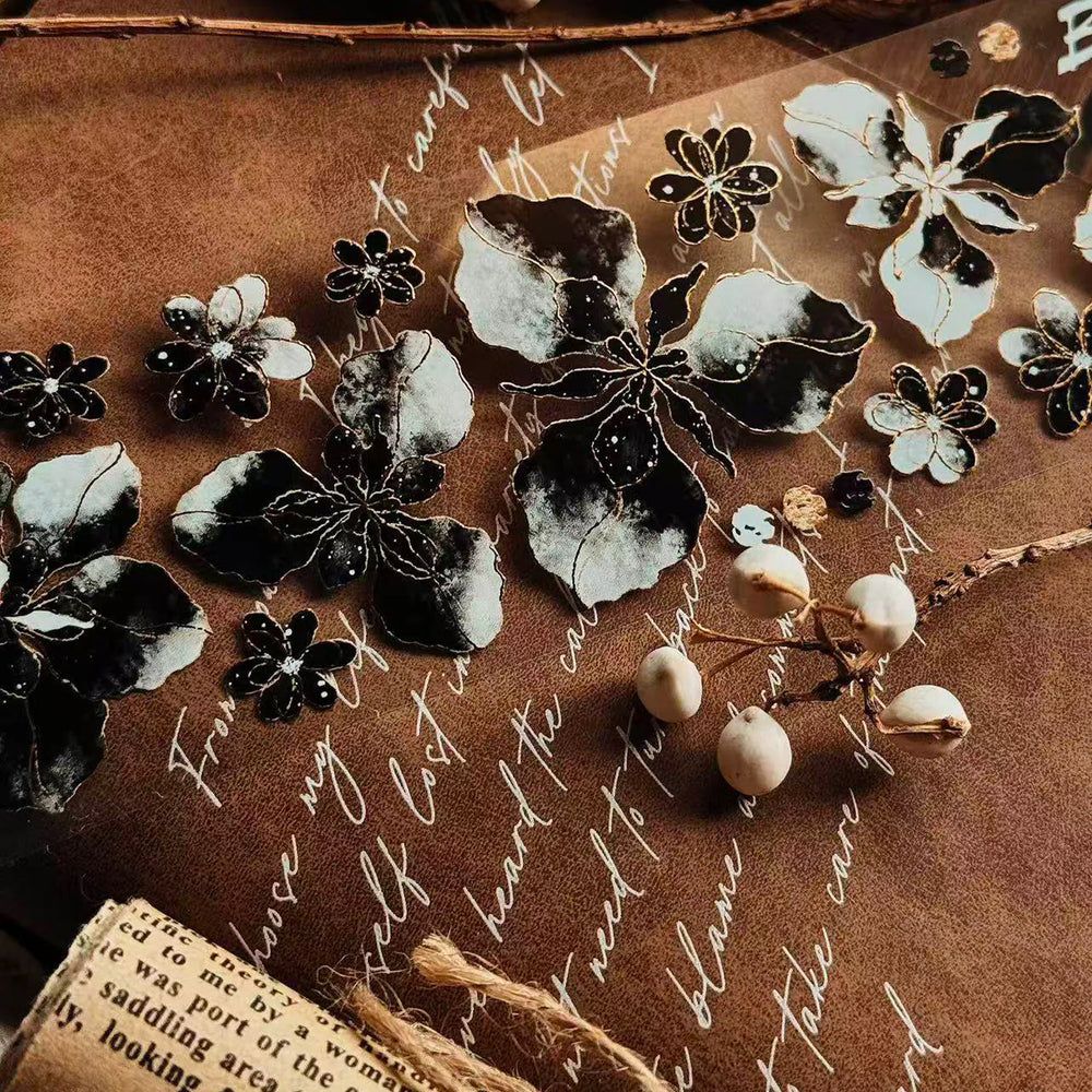 Black & White Floral Gold Foil PET Washi Tape | Elegant Decorative Tape