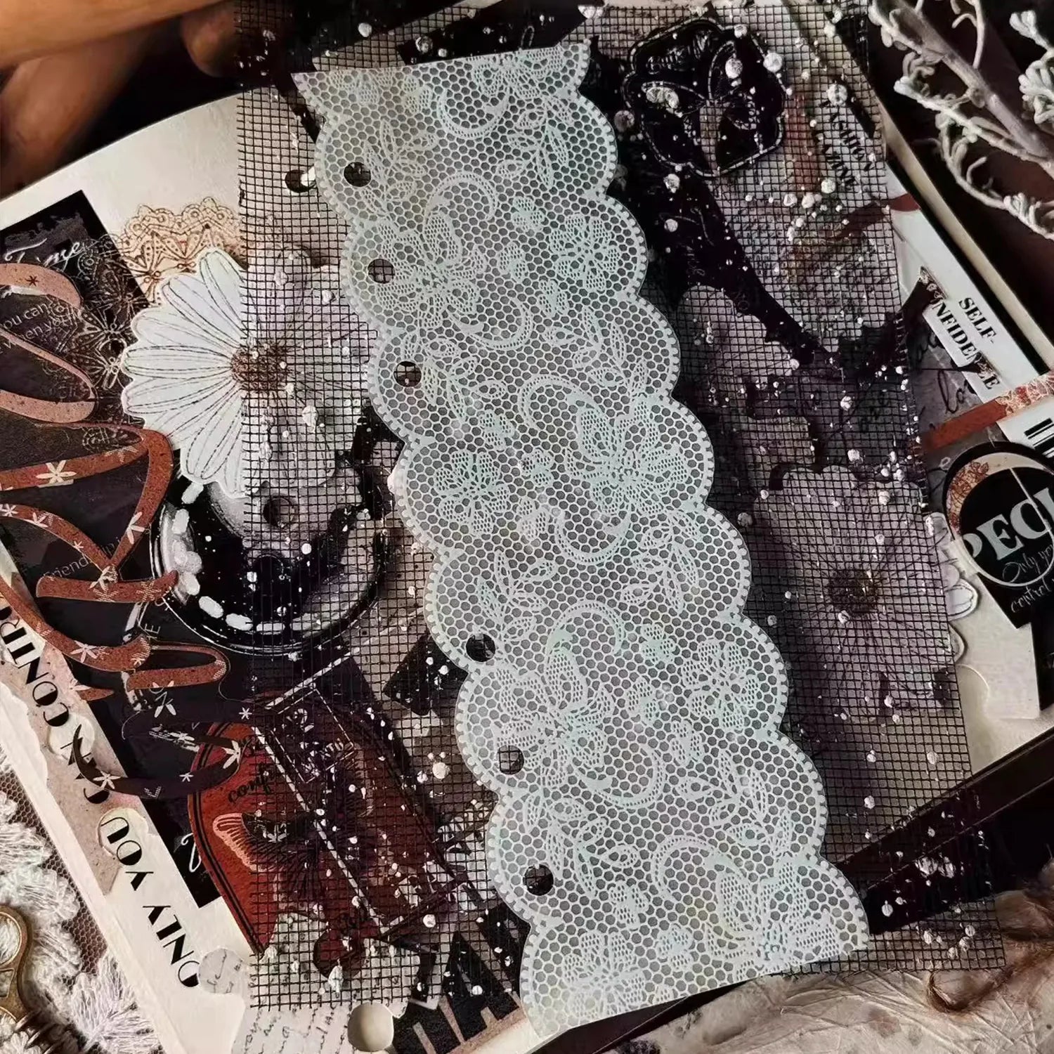 Black & White Lace Background PET Tape | Wide Journaling Ephemera Tape