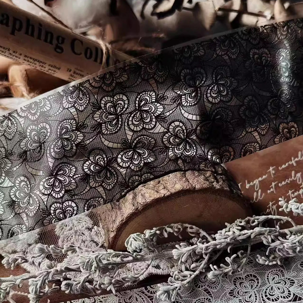 Black & White Lace Background PET Tape | Wide Journaling Ephemera Tape