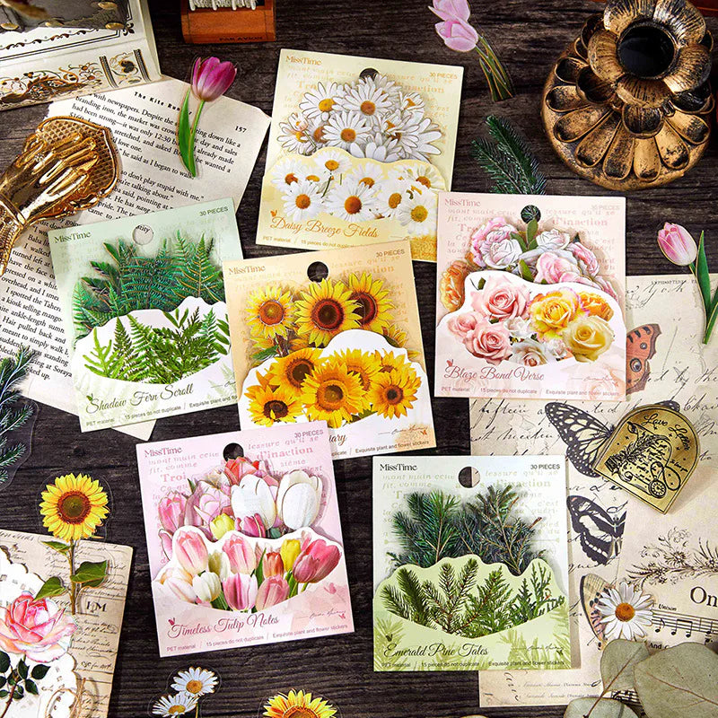 Autocollants PET découpés à l'emporte-pièce à motifs botaniques | Éphémères pour journaling floral et végétal