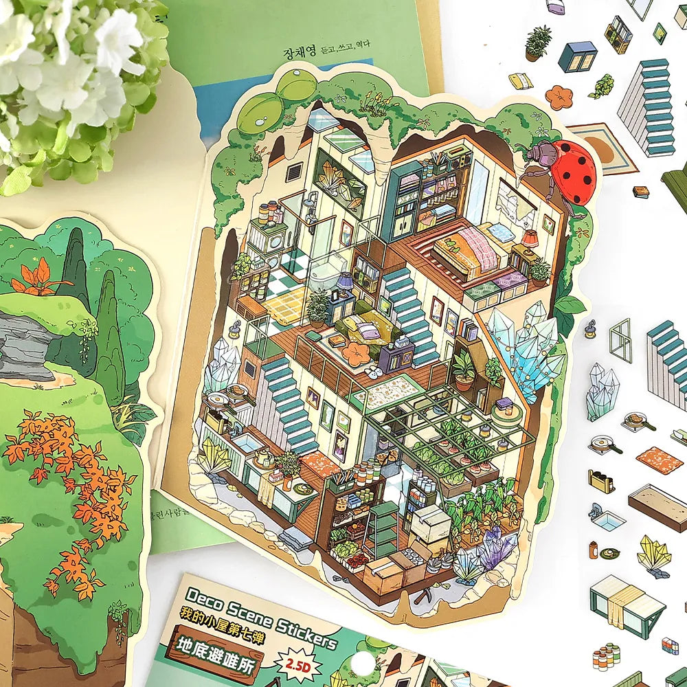 Autocollants Scène Chalet de Grotte – Cartes de Journal Pliables à Thème