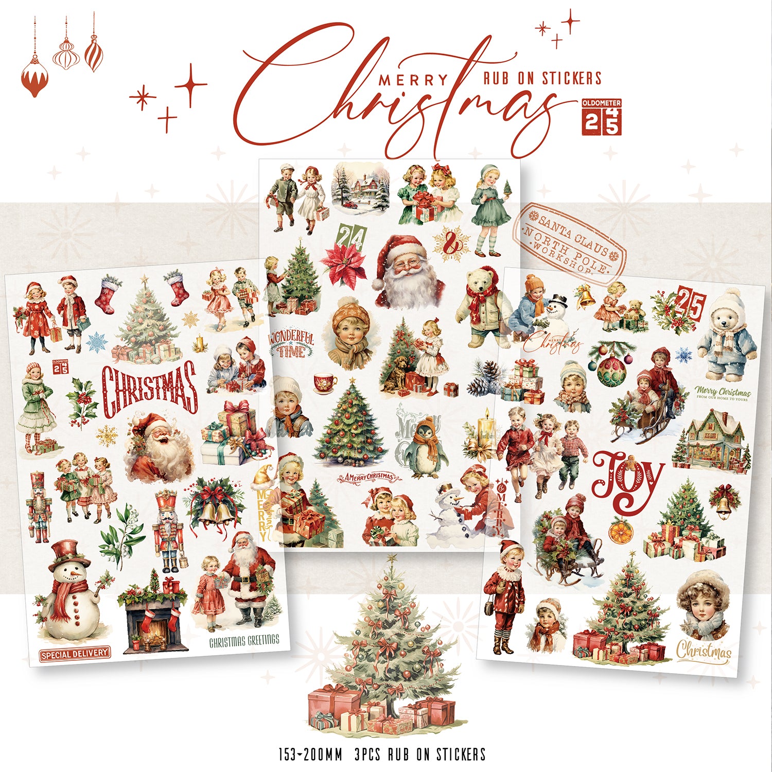 Vintage Weihnachtsaufkleber zum Aufreiben, Weihnachtsmann-Transferaufkleber