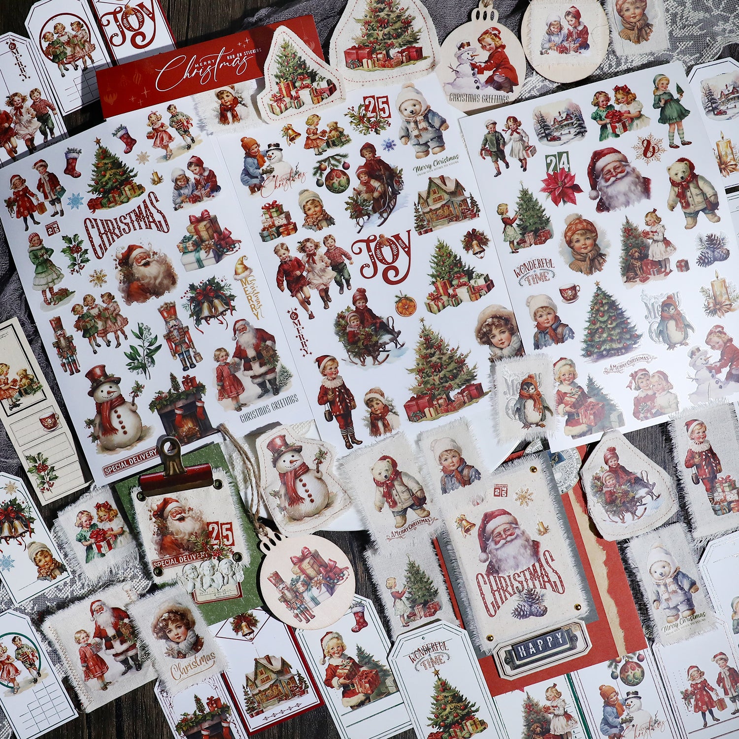 Vintage Weihnachtsaufkleber zum Aufreiben, Weihnachtsmann-Transferaufkleber