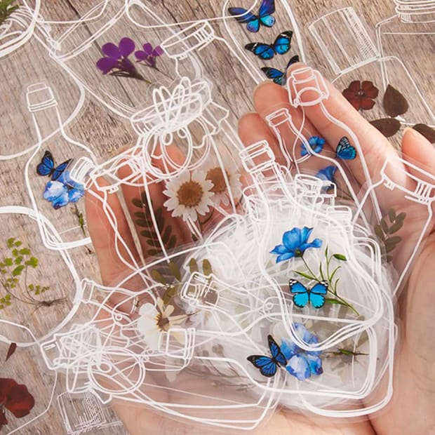 Clear Transparent Bottle Sticker Daisy Rose Pressed Flower