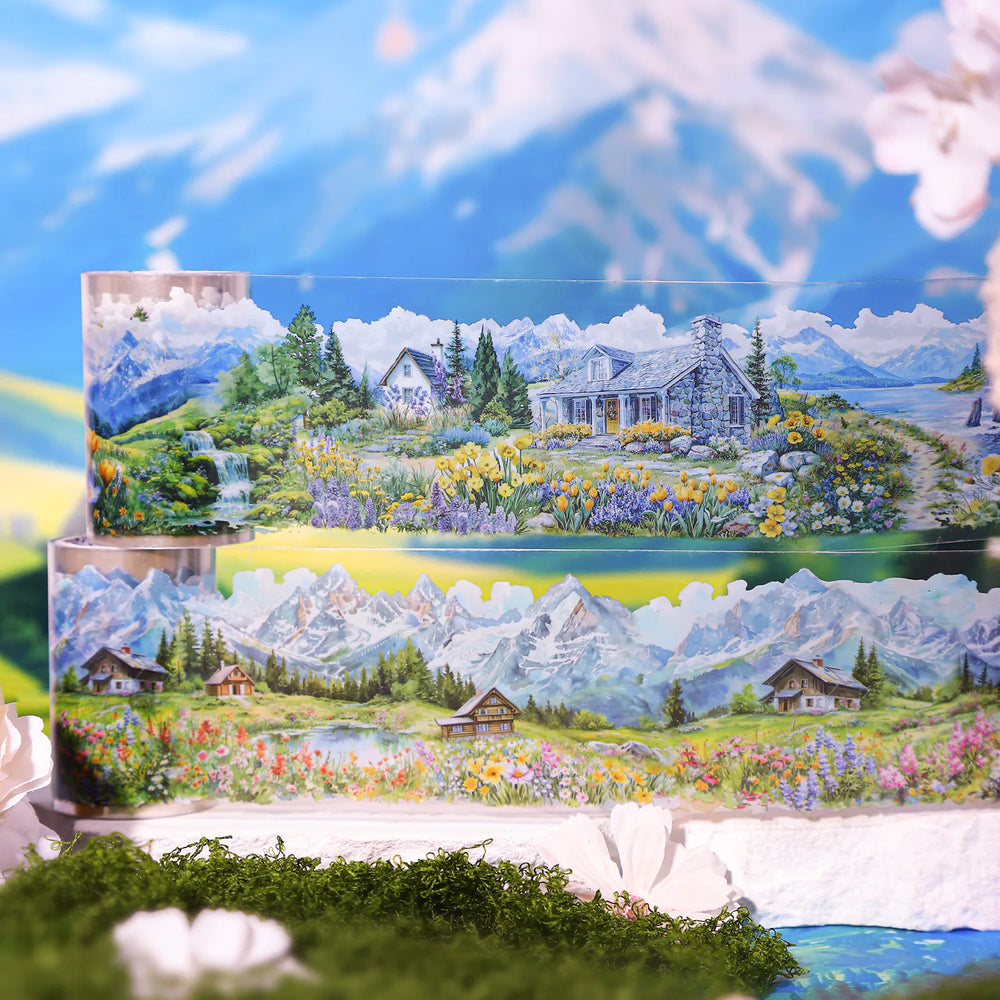 Colorful Cottage Landscape PET Tape | Countryside Flowers & Houses