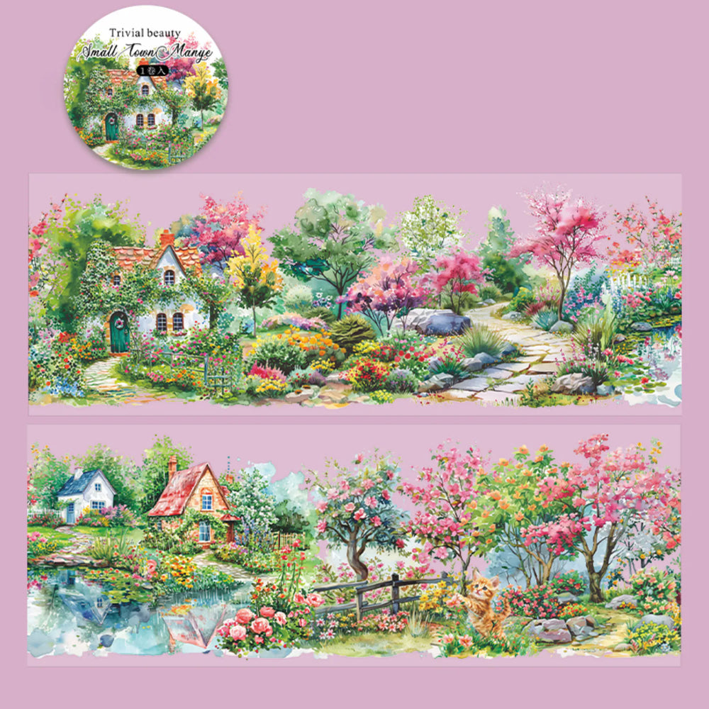 Colorful Cottage Landscape PET Tape | Countryside Flowers & Houses