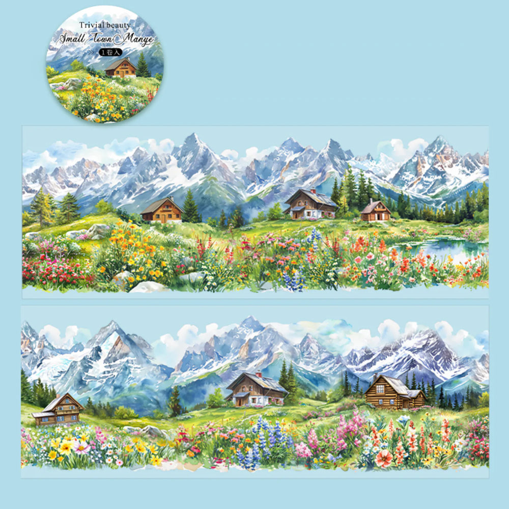 Colorful Cottage Landscape PET Tape | Countryside Flowers & Houses