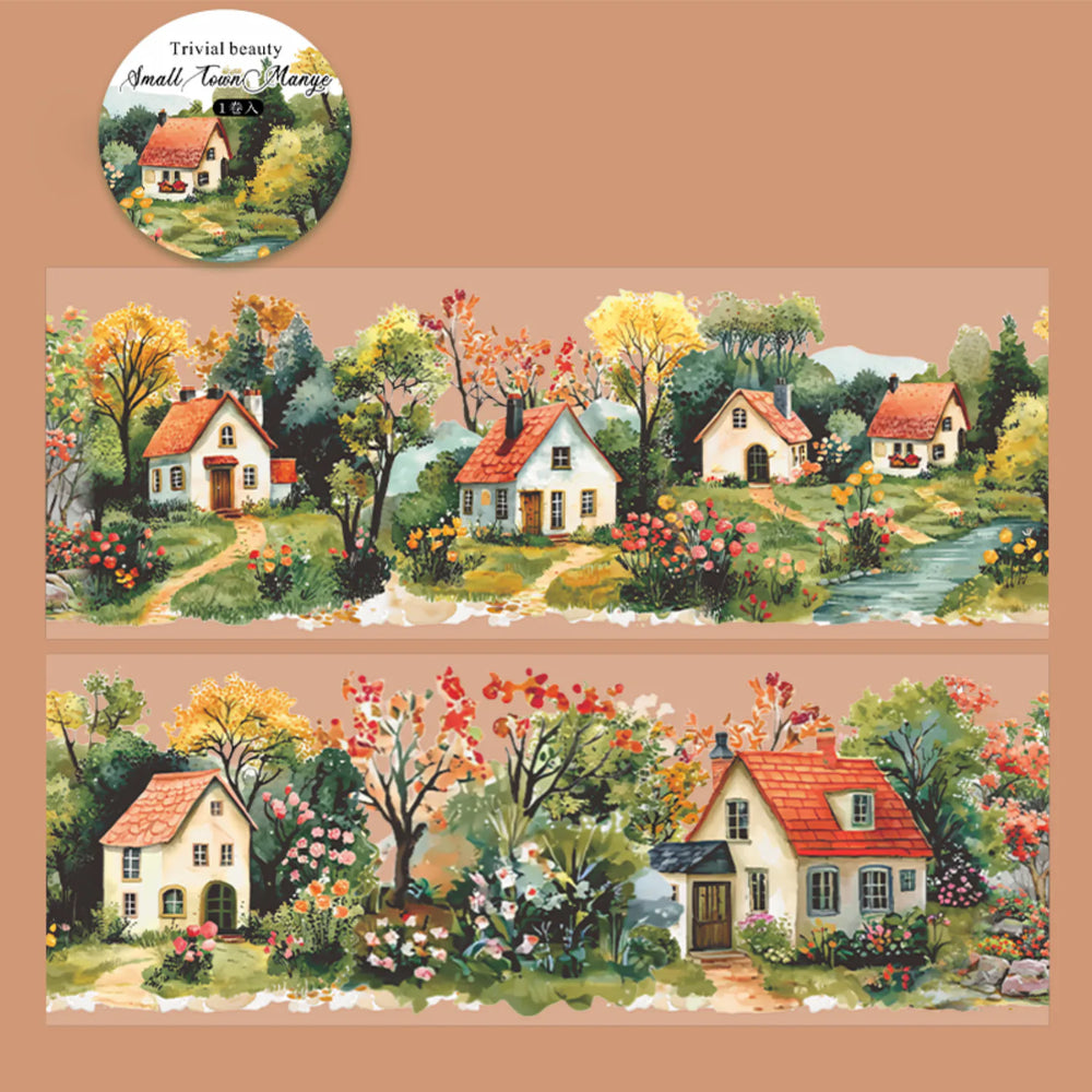 Colorful Cottage Landscape PET Tape | Countryside Flowers & Houses