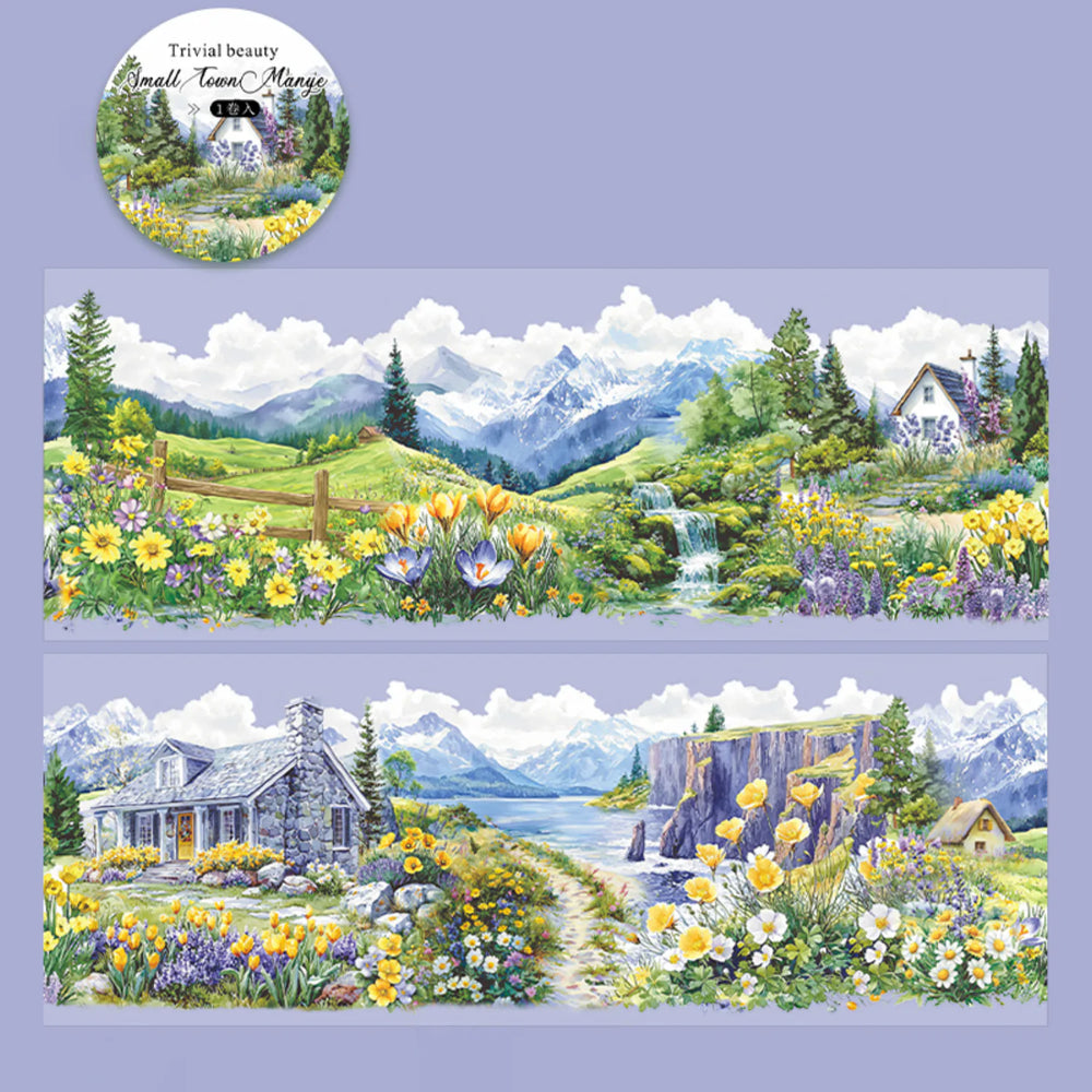 Colorful Cottage Landscape PET Tape | Countryside Flowers & Houses
