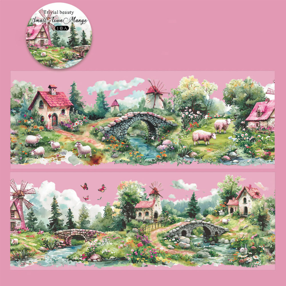 Colorful Cottage Landscape PET Tape | Countryside Flowers & Houses