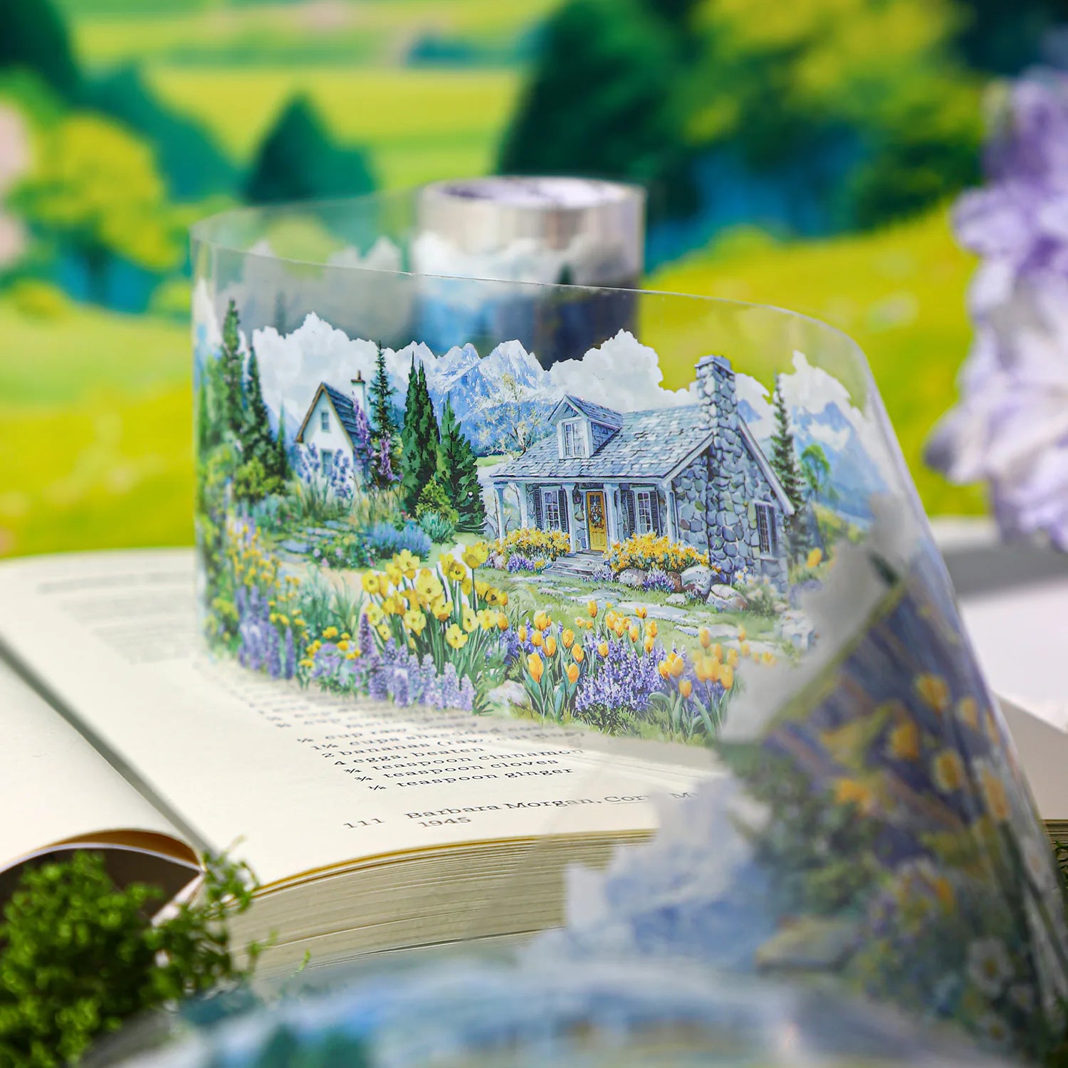 Colorful Cottage Landscape PET Tape | Countryside Flowers & Houses