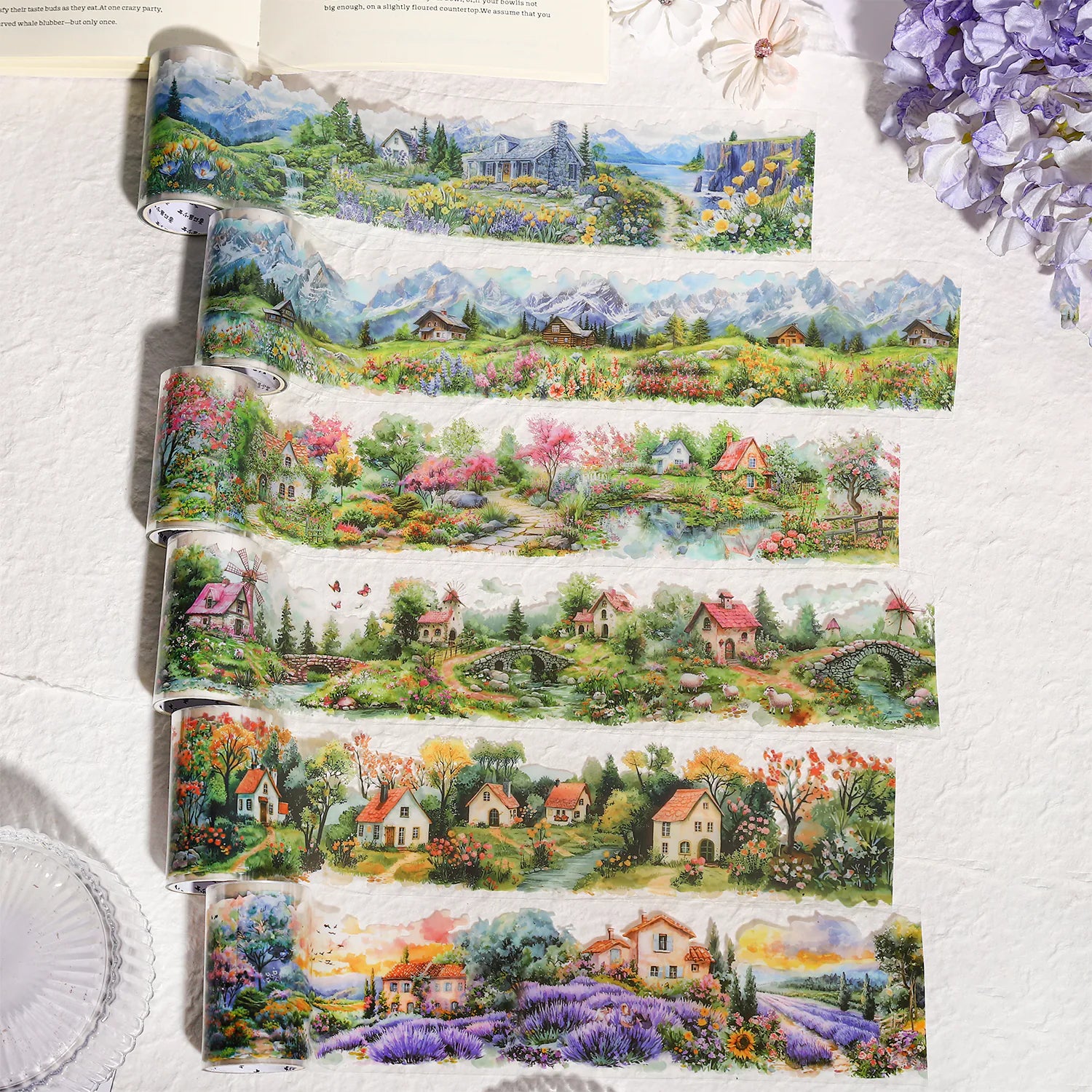 Colorful Cottage Landscape PET Tape | Countryside Flowers & Houses