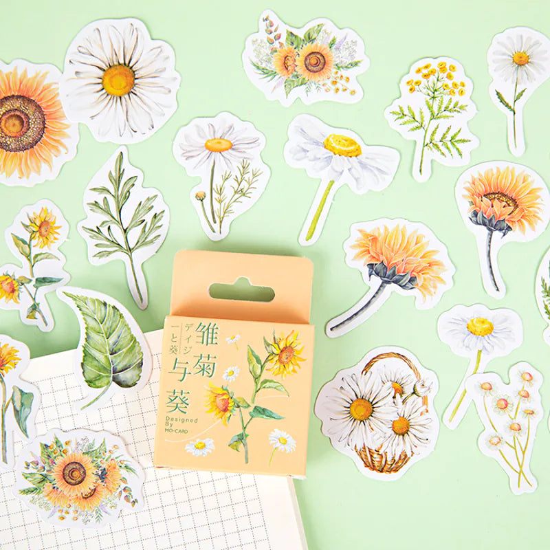 Daisy & Sunflower Floral Stickers Pack – Botanical Paper Stickers