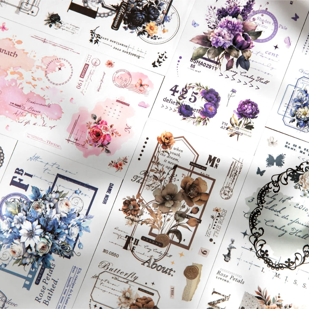 Autocollants Washi à motifs floraux découpés | Kit de journaling et collage botanique vintage